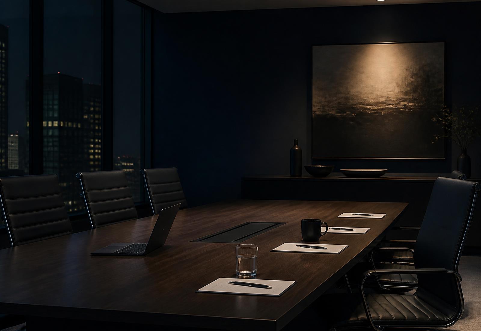 Corporate boardroom prepared for a confidential briefing